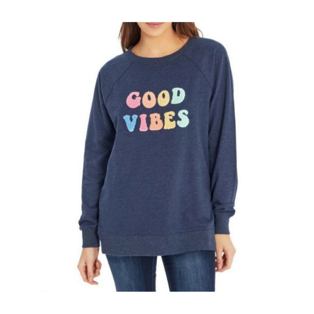 Wildfox Good Vibes French Terry Statement Crewneck Sweatshirt in Blue, Size M